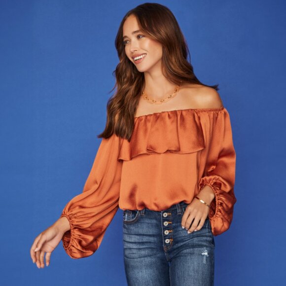Vici Silky, Balloon Sleeve Off The Shoulder Blouse - Burnt Orange, Size Small - Picture 2 of 6